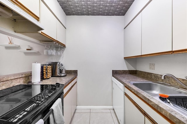 kitchen with white cabinetry, black range with electric stovetop, sink, and white dishwasher