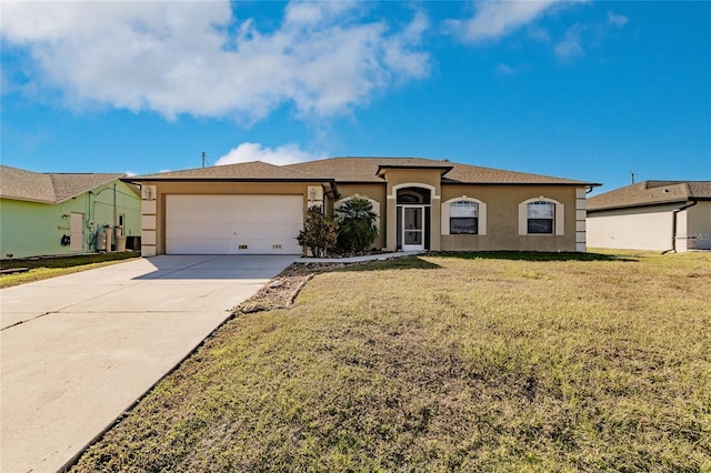 single story home featuring a front yard and a garage