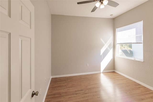 empty room with ceiling fan and light hardwood / wood-style flooring