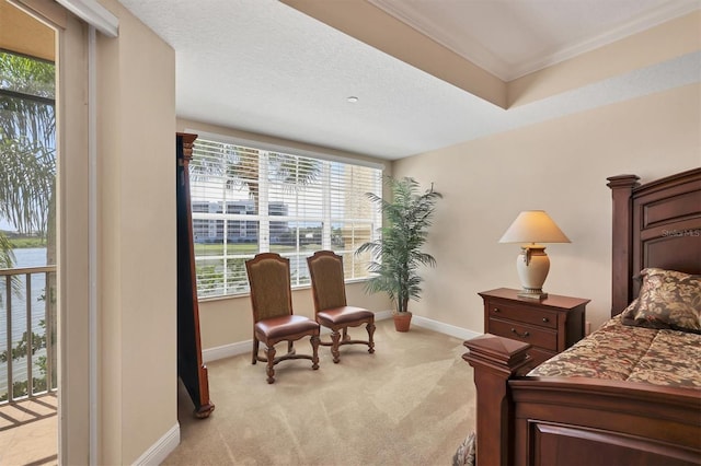 bedroom with access to exterior, light colored carpet, and ornamental molding