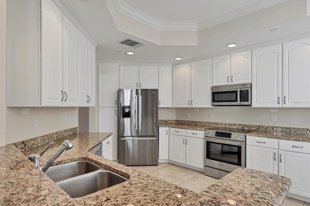 kitchen with appliances with stainless steel finishes, a sink, ornamental molding, a tray ceiling, and light stone countertops