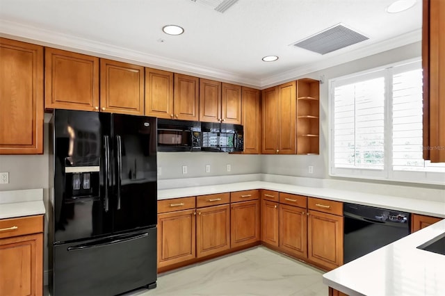 kitchen with black appliances, brown cabinets, light countertops, crown molding, and recessed lighting