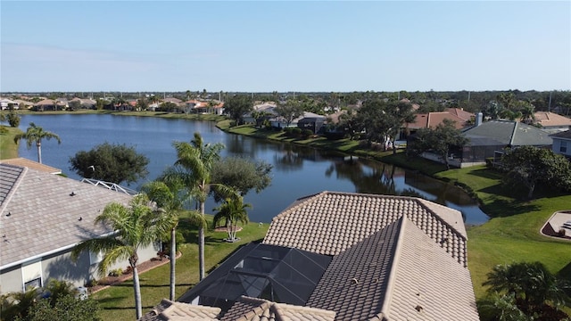 aerial view with a water view and a residential view