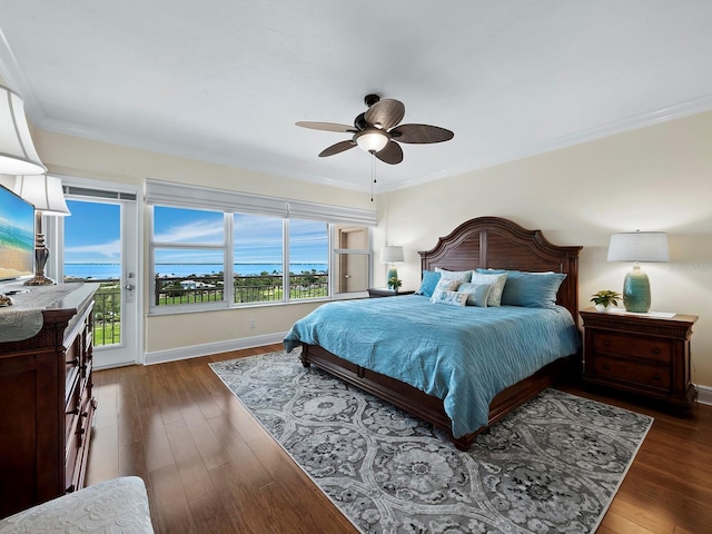 bedroom featuring ornamental molding, access to outside, ceiling fan, and dark wood-type flooring