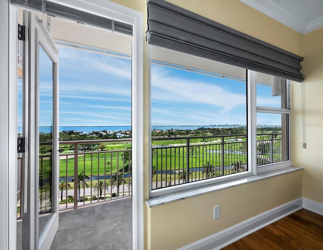 interior space with a water view