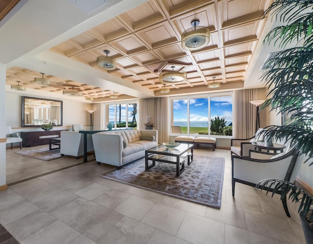 living room featuring coffered ceiling