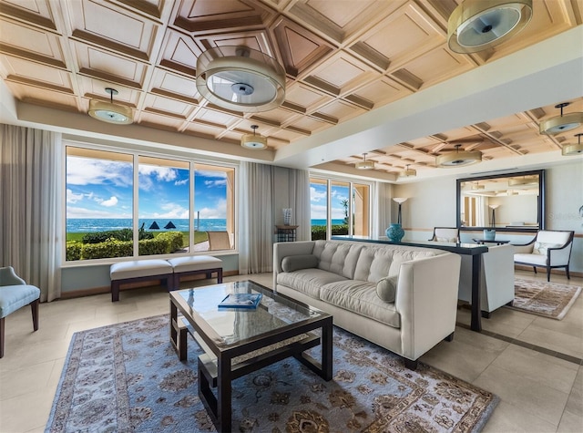 living room with coffered ceiling