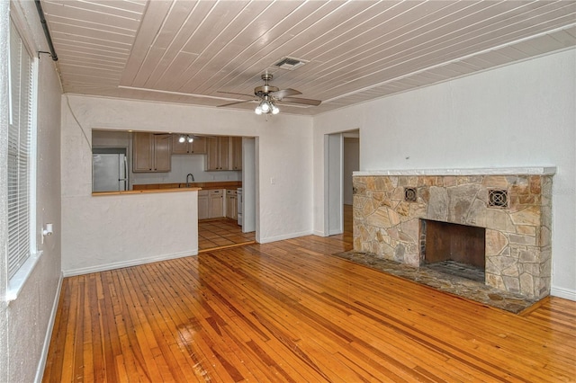 unfurnished living room featuring a fireplace, light hardwood / wood-style floors, sink, ceiling fan, and wooden ceiling