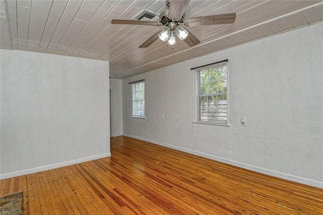 empty room featuring ceiling fan, wooden ceiling, and wood-type flooring