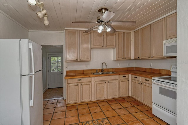 kitchen featuring white appliances, light brown cabinetry, sink, ceiling fan, and wooden ceiling