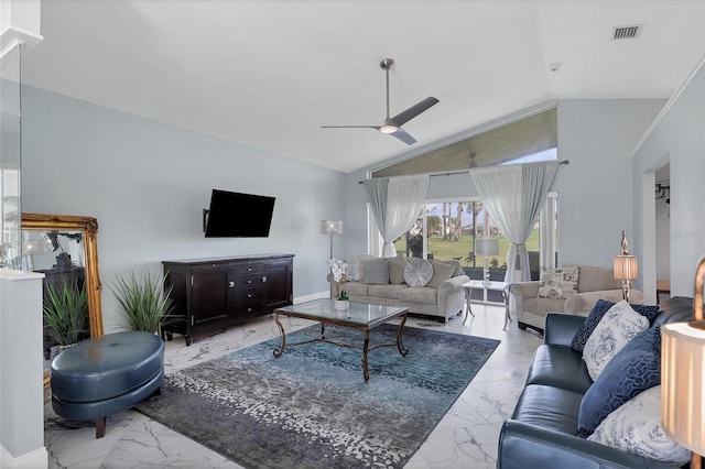 living room with ceiling fan and lofted ceiling