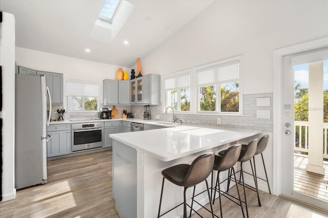 kitchen featuring stainless steel appliances, a skylight, kitchen peninsula, and a kitchen breakfast bar