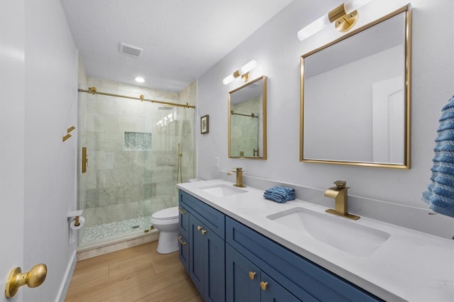 bathroom with vanity, toilet, and an enclosed shower