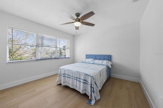 bedroom featuring ceiling fan and light hardwood / wood-style flooring