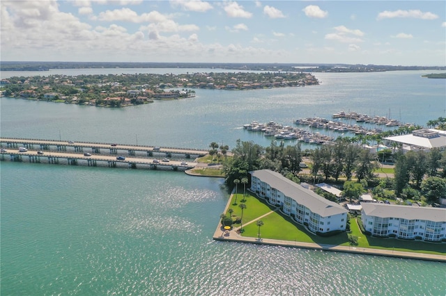 drone / aerial view featuring a water view