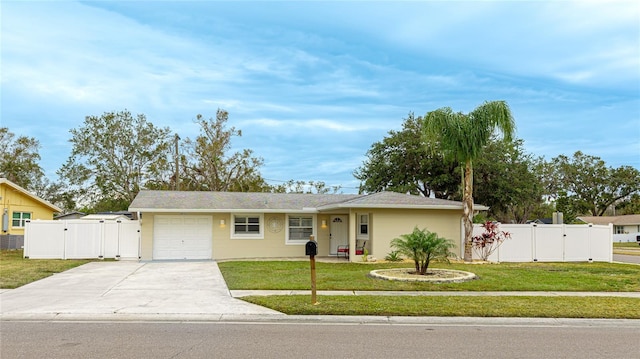 single story home featuring a garage and a front yard