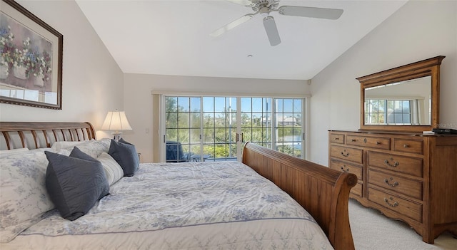 bedroom with light carpet, a water view, vaulted ceiling, and ceiling fan