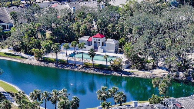 drone / aerial view with a water view