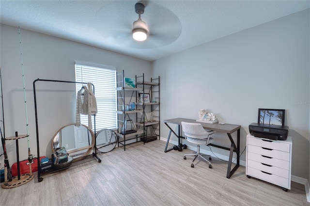 office with ceiling fan, light wood-type flooring, and a textured ceiling