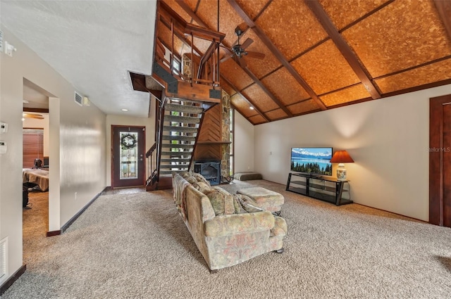 living room featuring beam ceiling, high vaulted ceiling, ceiling fan, and carpet flooring