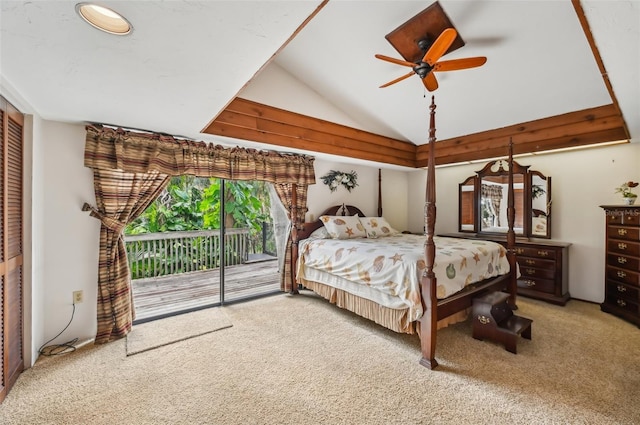 bedroom featuring ceiling fan, lofted ceiling, access to exterior, and carpet flooring