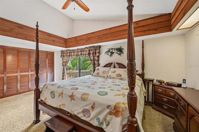 bedroom featuring carpet floors, access to exterior, lofted ceiling, and ceiling fan