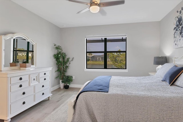 bedroom featuring ceiling fan and light hardwood / wood-style flooring