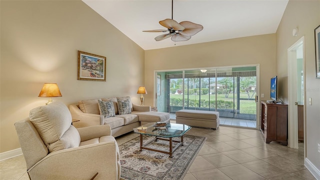 living room with ceiling fan, light tile patterned flooring, and high vaulted ceiling