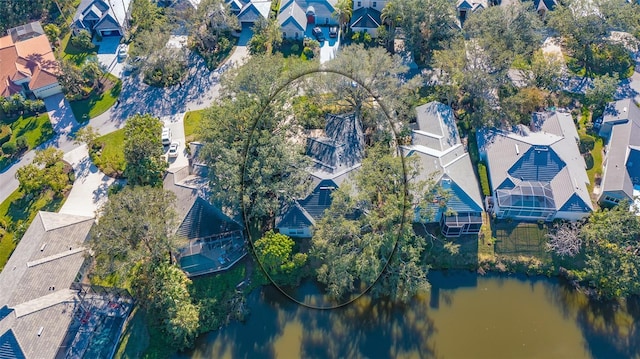 drone / aerial view featuring a water view