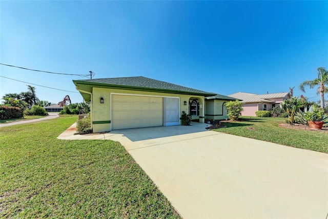 ranch-style home with a garage and a front lawn