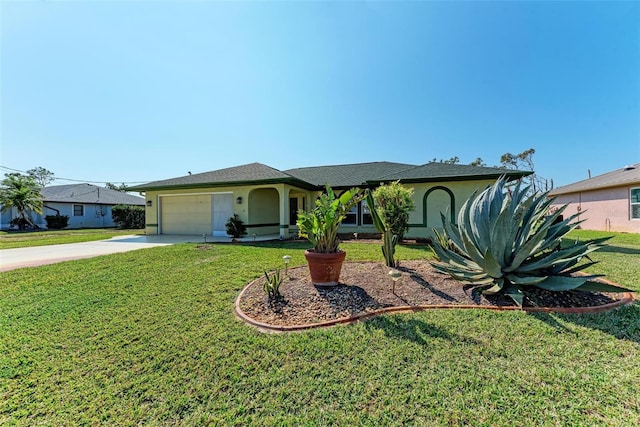 single story home with a front yard and a garage