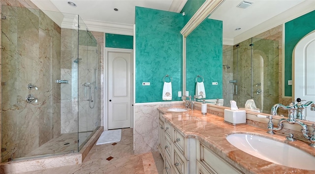 bathroom featuring vanity, ornamental molding, tile walls, and an enclosed shower