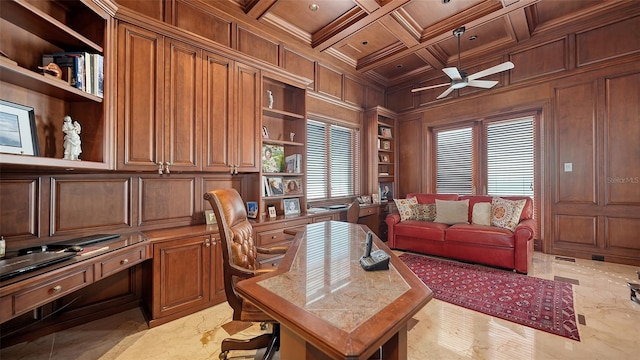 office featuring wooden ceiling, coffered ceiling, wooden walls, and built in shelves