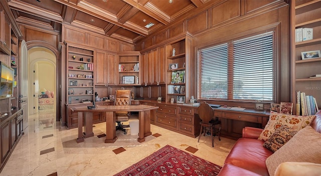 office space with wood ceiling, built in shelves, wooden walls, ornamental molding, and coffered ceiling