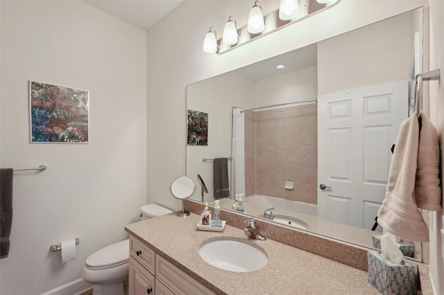 full bathroom with toilet, vanity, and shower / bathtub combination with curtain