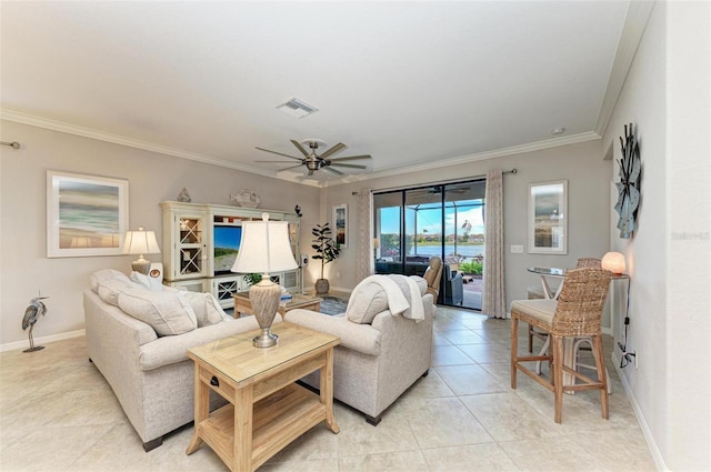 living room featuring ceiling fan, ornamental molding, and light tile patterned floors