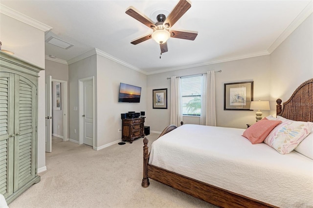 carpeted bedroom with ceiling fan and crown molding