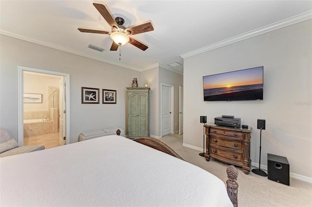 carpeted bedroom featuring ceiling fan, ensuite bathroom, and crown molding