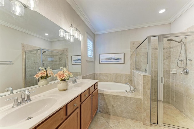 bathroom with vanity, crown molding, tile patterned floors, and shower with separate bathtub