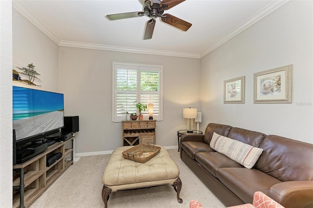 carpeted living room featuring crown molding