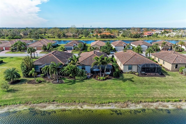 drone / aerial view featuring a water view