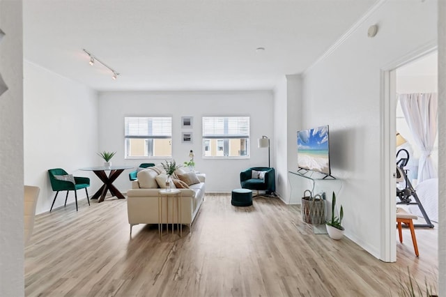 living room featuring crown molding, track lighting, and light wood-type flooring