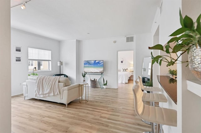 living room with track lighting and light hardwood / wood-style floors