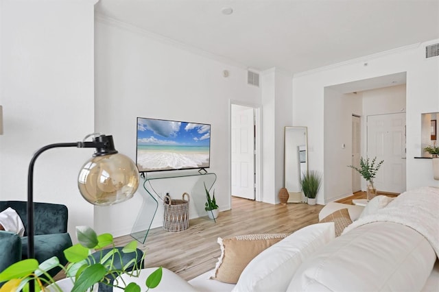 living room featuring crown molding and light hardwood / wood-style flooring