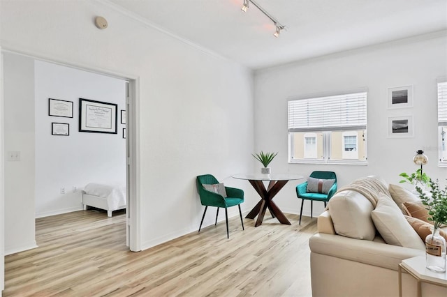 sitting room featuring ornamental molding, light hardwood / wood-style flooring, and track lighting