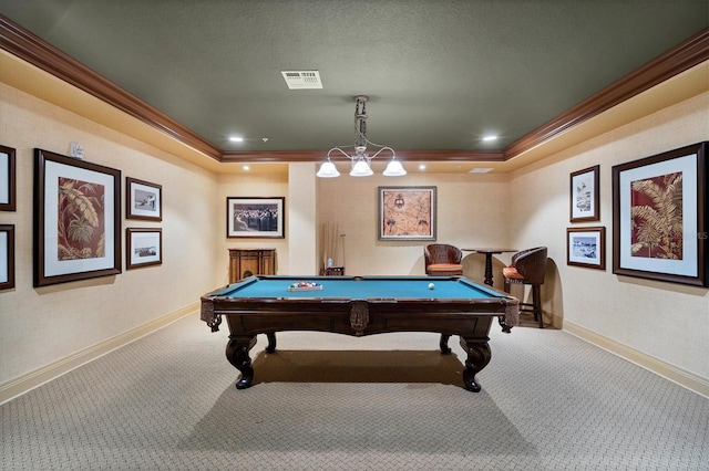 rec room featuring carpet floors, pool table, a tray ceiling, and ornamental molding