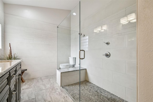 bathroom with toilet, a shower with shower door, and vanity