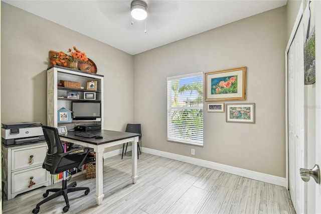 office area featuring light wood-type flooring and ceiling fan