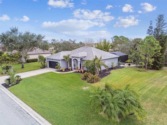 single story home with a garage and a front yard