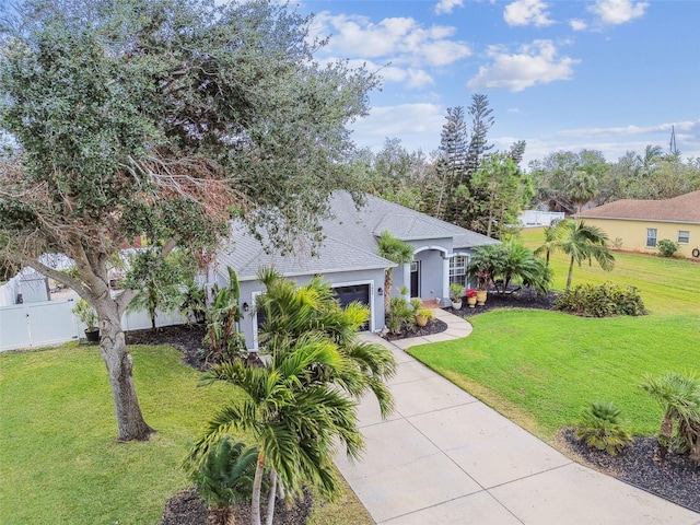 view of front of home with a front yard and a garage